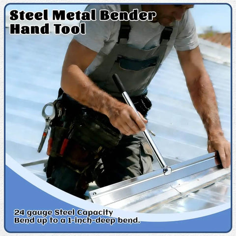 Man using a 15.25 Inch Sheet Metal Bender With Sturdy Handle For Steel Bending Up To 1 Inch Deep on metal roofing sheet.