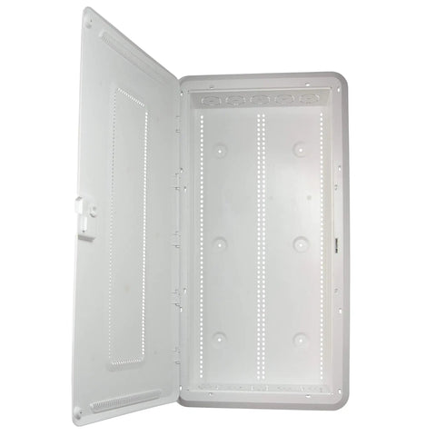 Open view of 30 Inch Media Enclosure For Home Networking And Cable Management, Recessed White ABS Box For Structured Wiring