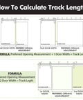 Diagram showing how to calculate track length for Brushed Nickel U Shape Bypass Sliding Barn Door Hardware Kit For Two Doors With Double Track And 6ft Flat Track Classic Roller Design Space Saving Bypass System No Fuss Install Modern Farmhouse Vibe.