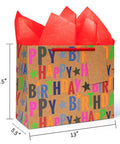 Large Kraft Birthday Gift Bag With Tissue Paper And Card 13 Inch Wide Horizontal Gift Tote With Colorful Happy Birthday Stars Design
