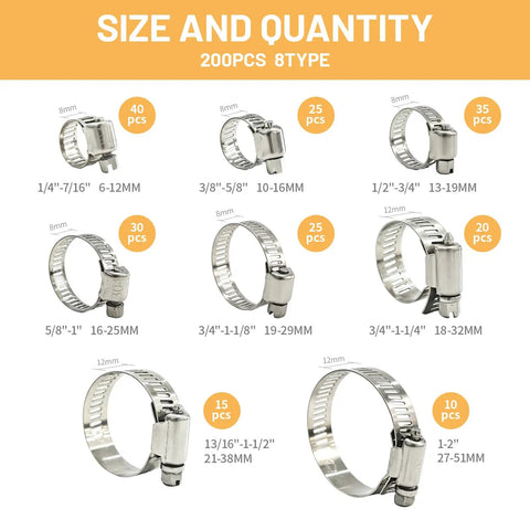 Pro Grade 304 Stainless Steel Adjustable Worm Gear Hose Clamps Kit With 200 Piece Assortment Sizes From Quarter Inch To Two Inch