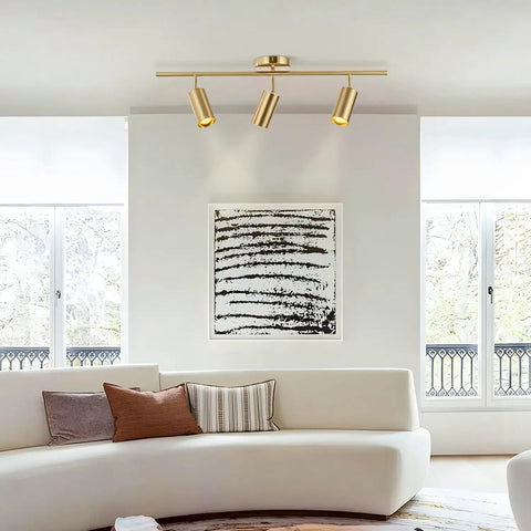 Brushed Brass LED Adjustable Track Lighting Kit With Pivoting Heads, 3 Light Ceiling Spotlight Track System For Kitchen And Living Spaces, Mid Century Modern Flush Mount Fixture For A Lit Ambience