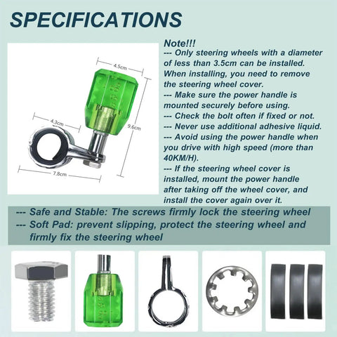 Green Acrylic Crystal Steering Wheel Spinner Knob With Aluminum Power Handle, Quick U Turn Helper shown with dimensions and components