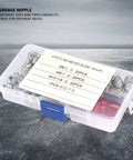 60 Piece Grease Nipple Fitting Kit in clear plastic box with M6, M8, M10 sizes, for automotive and industrial lubrication