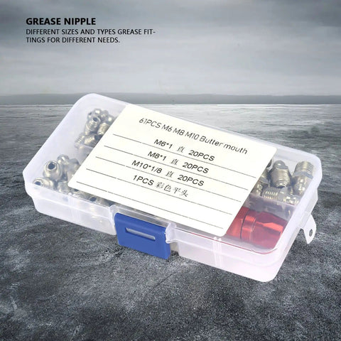 60 Piece Grease Nipple Fitting Kit in clear plastic box with M6, M8, M10 sizes, for automotive and industrial lubrication