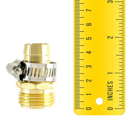 Two Pack Brass 3/4 Inch Male Thread Garden Hose Connectors Repair Kit With Stainless Clamps, shown next to yellow ruler