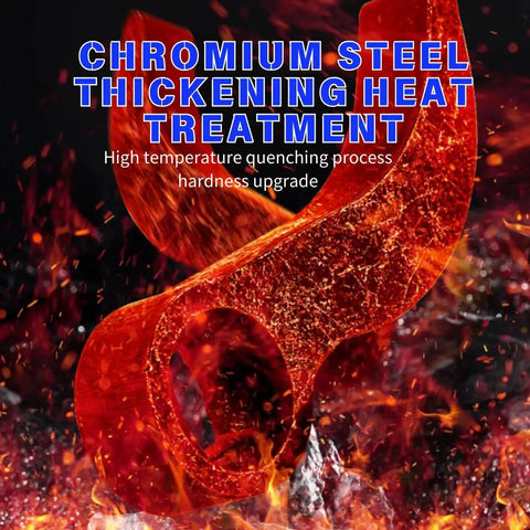 Chromium steel crowbar adapter head undergoing heat treatment for increased durability and hardness, shown in fiery backdrop.