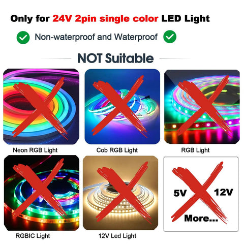 24V LED Power Supply With Dimmer Switch For DIYers Home Lighting 1A UL Listed PWM Stepless Dimming For Smooth Brightness Flicker Free Operation Reliable Constant Voltage Driver For Single Color COB LED Strips not suitable for RGB or 12V lights
