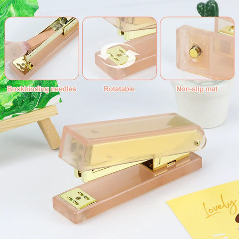 Pink Stapler And Tape Dispenser Set With Acrylic Desktop Organizer, showcasing pink stapler features like rotatable clip and non-slip mat.