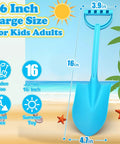 Heavy Duty 16 Inch Beach Shovel Set Of 3 For Kids And Adults illustration, showing size details and beach graphics.