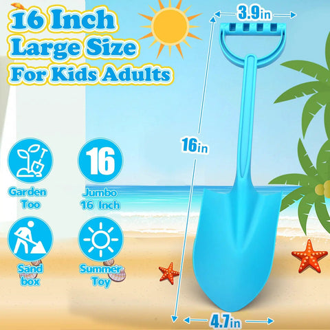 Heavy Duty 16 Inch Beach Shovel Set Of 3 For Kids And Adults illustration, showing size details and beach graphics.