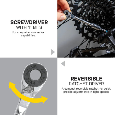 Ratchet Rocket Lite DX Bike Multitool With 16 Functions showing reversible ratchet and screwdriver in use on bike
