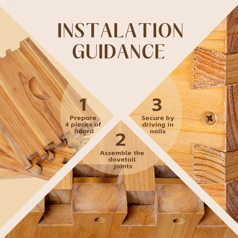 Installation guidance for 10 Frame Medium Bee Super Box With Beeswax Coating For Langstroth Hives, showing dovetail construction steps.