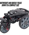 Electric Golf Push Cart With Roomy Seat Featuring Full Directional Remote Nine Speed Levels Mileage Counter Screen And Trueline Tracking folded to compact size with black and gray wheels.