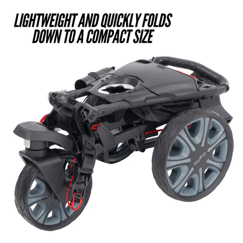 Electric Golf Push Cart With Roomy Seat Featuring Full Directional Remote Nine Speed Levels Mileage Counter Screen And Trueline Tracking folded to compact size with black and gray wheels.