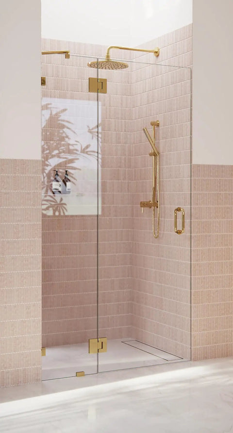 Frameless Shower Door Hinge With Enduroshield Glass Coating In Polished Brass, 78 By 43.25 Inches, Heavy-Duty Pivot Hardware For Glass Enclosures, Smooth Operation, Rust-Resistant Finish on glass shower door