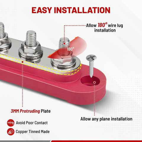 Heavy Duty 150 Amp 12V Bus Bar With Cover Rock Solid M6 Studs features 180° wire lug installation for easy mounting.