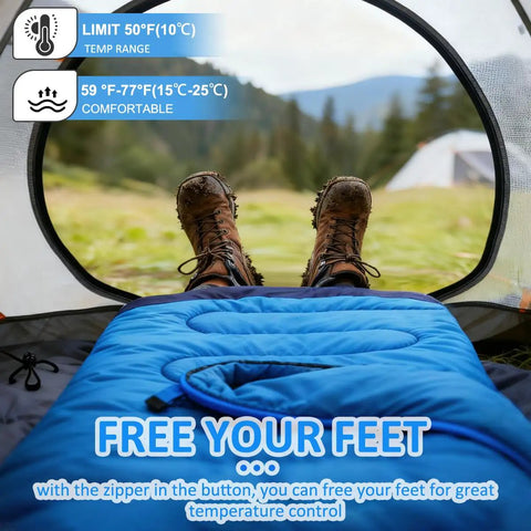 Three Season Camping Sleeping Bag For Adults And Kids Lightweight Weather Resistant And Waterproof in tent with mountains