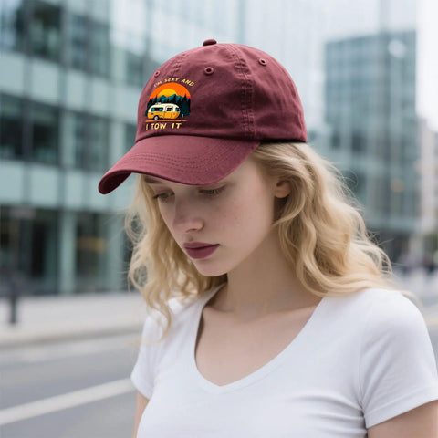 Woman wearing Dope Vintage RV Camper Hat For Women With Funny Tow It Quote In Wine Red outdoor adventure cap