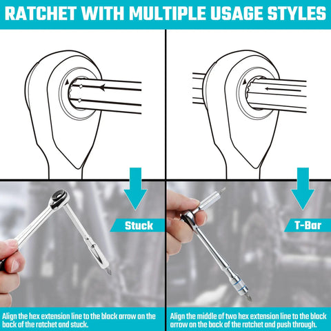 Diagram and photo showing One Quarter Inch T-Handle Ratchet Set With Hex Bit Extender And Adapter in stuck and T-bar positions.