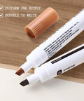 Easy Peasy Furniture Markers And Wood Scratch Repair Pens With No Sweat Color Match Swatch Card for scuffed floors desks tables. Two wood repair markers in brown and black on a wooden surface.