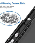 Close-up of 60 Inch Beefy Ultra Heavy Duty Drawer Slide With Lock D76 3 Inch Widening Black Electroplated Cold Rolled Steel with ball bearings.