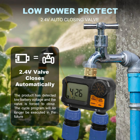Water Timer For Garden Hose Two Outlet Sprinkler System With Brass Swivel attached to faucet with automatic valve