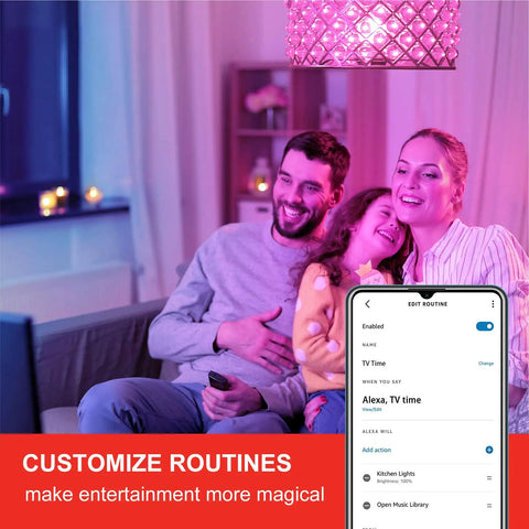 Family enjoys Alexa Ready Color Changing LED Bulbs A19 100W Equivalent Bluetooth Mesh under pink lighting with phone control on screen.