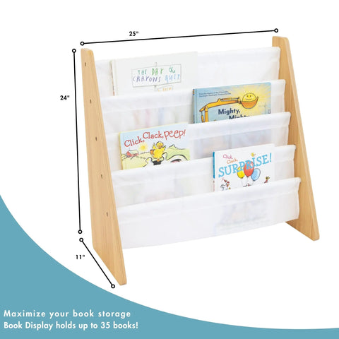 4-Tier Front-Facing Kids Book Display Organizer in natural wood and white with books, dimensions shown