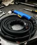 Pro Grade Air Electric Discharge Severing Torch Kit For Slick Steel Cutting, rugged blue grip handle, black control wire harness.