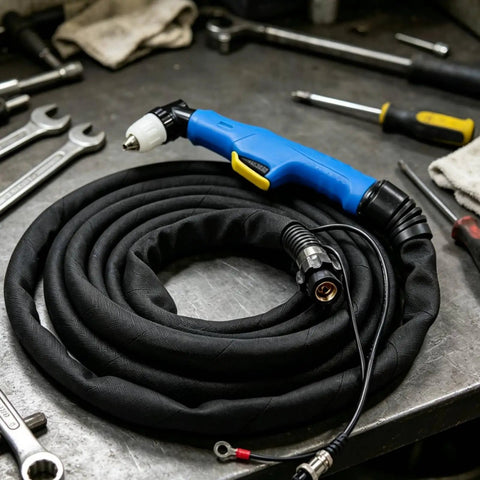 Pro Grade Air Electric Discharge Severing Torch Kit For Slick Steel Cutting, rugged blue grip handle, black control wire harness.