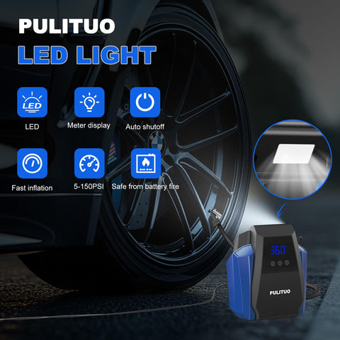 12V Car Tire Inflator Portable Air Compressor with Digital Pressure Gauge and Emergency LED Light near car tire
