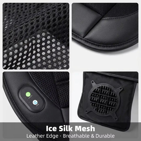 Tesla Cybertruck Cooling Seat Cushion Featuring Active Ventilation Fan Breathable Mesh Cover showing ventilator, leather edges, mesh fabric.