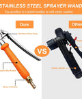 Comparison of heavy duty all metal sprayer wand with shut valve and rubber grip vs. plastic sprayer wand with plastic handle.