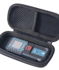 Hard EVA Protective Travel Case For Bosch Laser Distance Measure And Accessories, Built Tough With Double Stitch Oxford Exterior, Water Resistant Zipper, Custom Foam Fit, Keeps Your GLM Meters Safe On Job Sites And In Transit. Open black EVA case with Bosch GLM meter inside