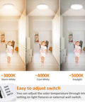 Motion Sensor LED Ceiling Light with 3000K 4000K 5000K color options in a hallway setting with a child walking