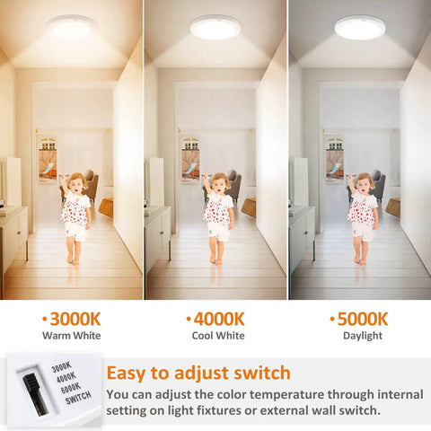 Motion Sensor LED Ceiling Light with 3000K 4000K 5000K color options in a hallway setting with a child walking