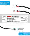 All Weather 24V 300W Outdoor IP67 LED Power Supply Driver, aluminum casing, labeled input-output specifications for LED strips.
