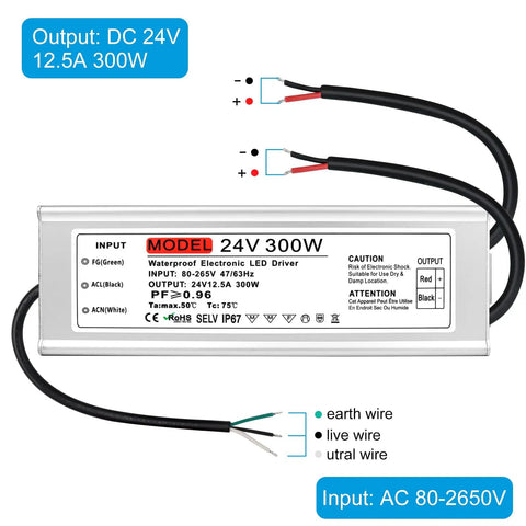 All Weather 24V 300W Outdoor IP67 LED Power Supply Driver, aluminum casing, labeled input-output specifications for LED strips.
