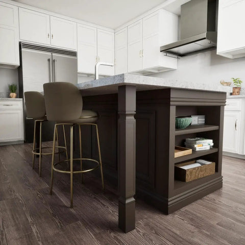 Kent Raised Panel Cabinet Column Hand Carved Rubberwood Three And Three Quarters Inch Deep Three And Three Quarters Inch Wide Thirty Five And A Half Inch Tall Ready To Paint Or Stain Perfect For Kitchen Islands Vanities Fireplace Surrounds Furniture in a modern kitchen setting.