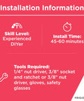 Installation info for Evaporator Fan Motor 809069201 for Refrigerators with tools and time details.