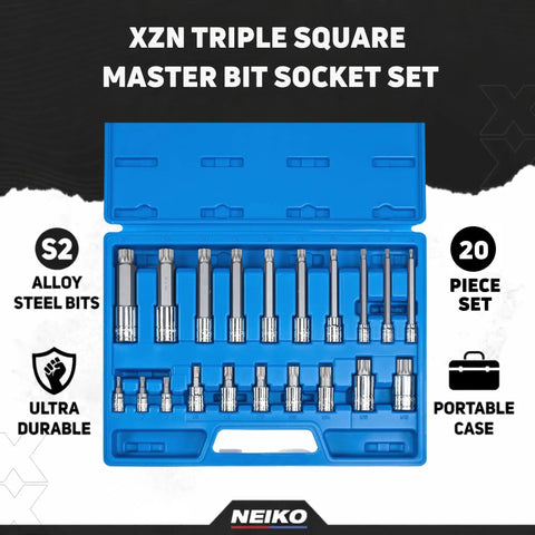 XZN Triple Square Bit Set Pro Grade 20 Piece Extra Long 4 Inch Spline Socket Kit in blue case