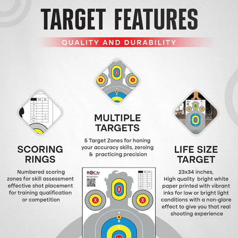 Features of Extra Large Silhouette Targets For Shooting Range 23 By 34 Inch High Visibility Paper Targets Anti Glare For Rifle Pistol BB And Pellet Guns 20 Pack Gray showing target zones, scoring rings, and life-size design.