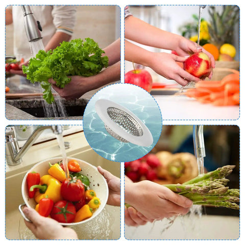 Collage of kitchen activities with Stainless Steel Sink Strainer Basket 2.25 Inch Drain Cover For Kitchen And Bathroom, Rust Proof