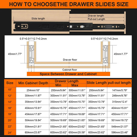16 Inch Full Extension Drawer Slides Set, 4 Pairs (8 Pieces), Three Fold Side Mount Cabinet Glides, Black Beefy 100 Lb Capacity, Ideal For Dresser, Cabinet, Kitchen, Trash Can, Wardrobe size chart and installation guide