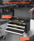Tough As Nails Steel Tool Box With Three Smooth Rolling Drawers Secure Locking System Powder Coated Finish inside view with tools.