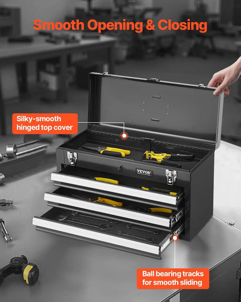 Tough As Nails Steel Tool Box With Three Smooth Rolling Drawers Secure Locking System Powder Coated Finish inside view with tools.