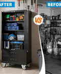 71.7 Inch Metal Storage Cabinet with locking doors and wheels organizing tools in garage, before and after comparison