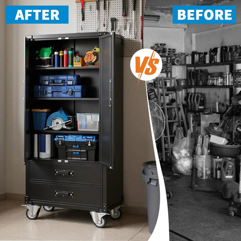 71.7 Inch Metal Storage Cabinet with locking doors and wheels organizing tools in garage, before and after comparison