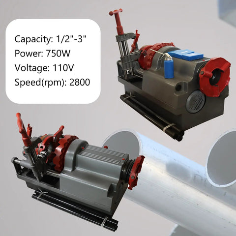 Tough As Nails 110V Electric Pipe Threader Machine For 1/2 To 3 Inch Plumbing Pipes on a gray background with pipe.